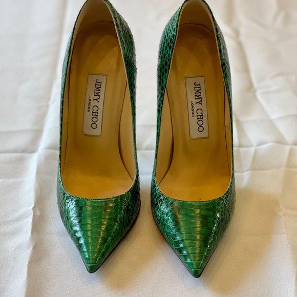 Jimmy Choo Green Python Embossed Leather Stiletto Pumps Size 37 (US Size 7) - Picture 2 of 7